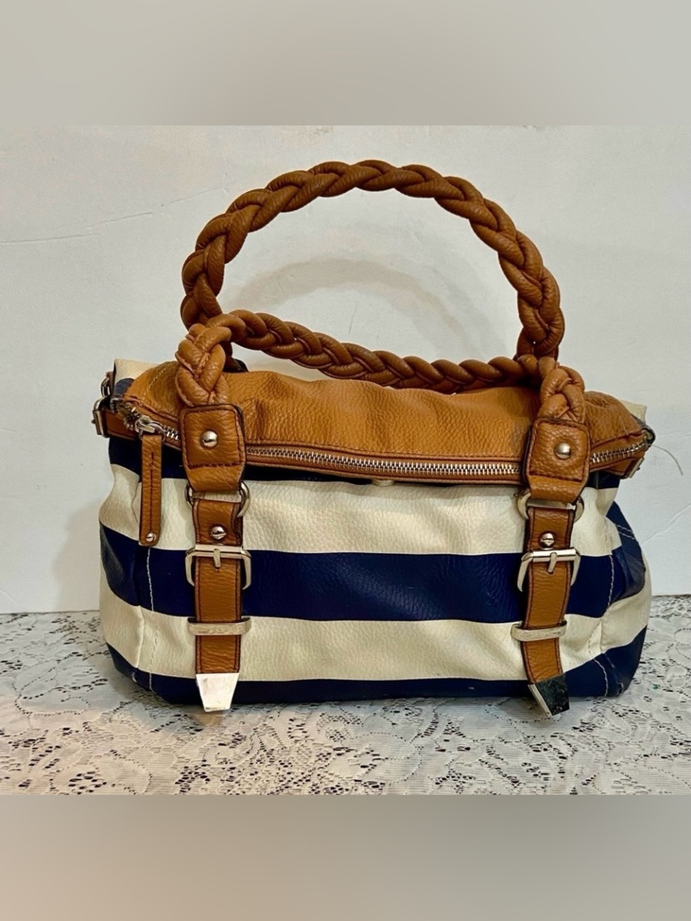 Apt. 9 Navy & White Striped Leather Satchel with Tan Braided Handles